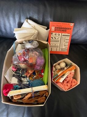 Vintage Embroidery Thread & Sewing Supplies Lot with Orange Stitching Guide